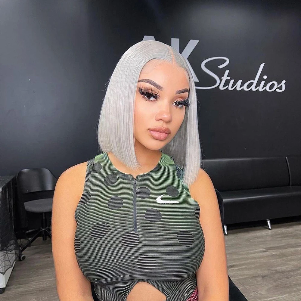 FANXITION Gray Short Bob Straight Synthetic Lace Front Wigs Grey Shoulder Length Lace Front Wig Heat Fiber Hair Cosplay Wigs