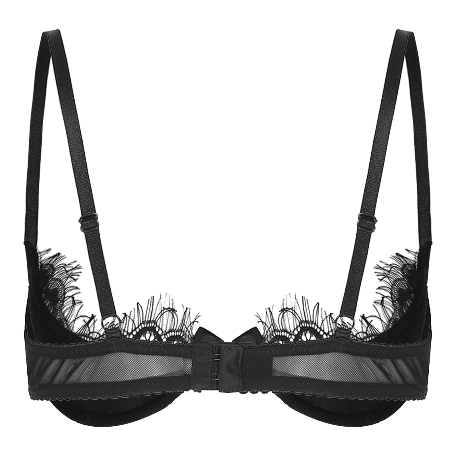 Women's See Through Lace 1/4 Cups Shelf Bra Eyelash Push Up Underwire Bralette Unlined Balconette Brassiere Underwear