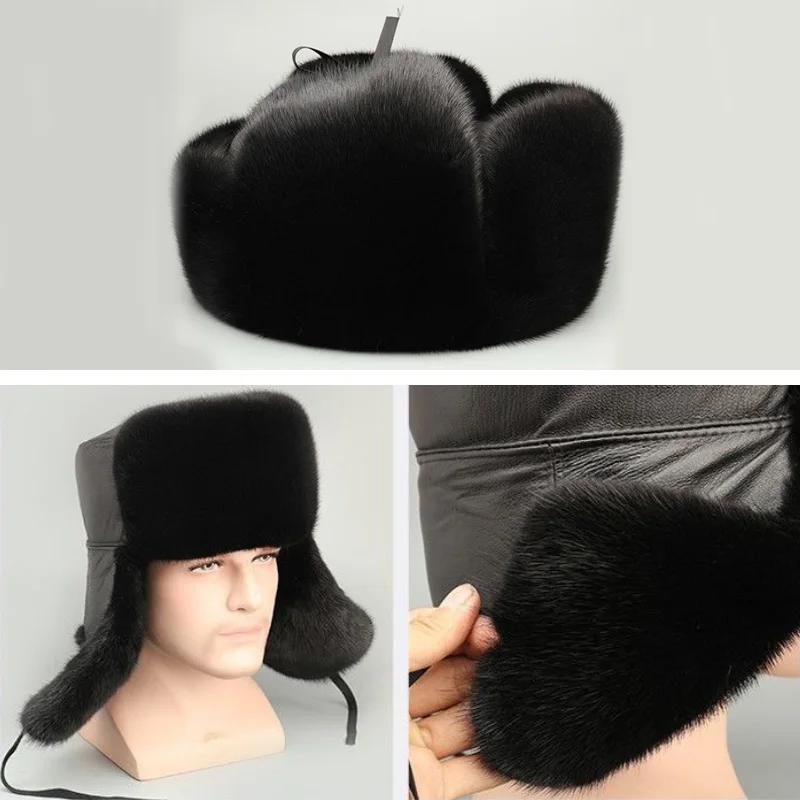 Winter Faux Mink Fur Bomber Hat Thicken Warm Plush Earflap Caps for Man Dad Grandpa Outdoor Windproof Earmuff Russian Bonnet Hat