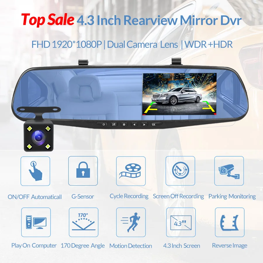 2025 new E-ACE Full HD 1080P Car Dvr Camera Auto 4.3 Inch Rearview Mirror Digital Video Recorder Dual Lens Registratory Camcorder