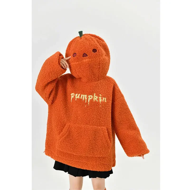 Deeptown Kawaii Plush Pumpkin Hoodies Women Toy Funny Halloween Berber Fleece Jacket Oversized Cutecore Christmas Winter Clothes