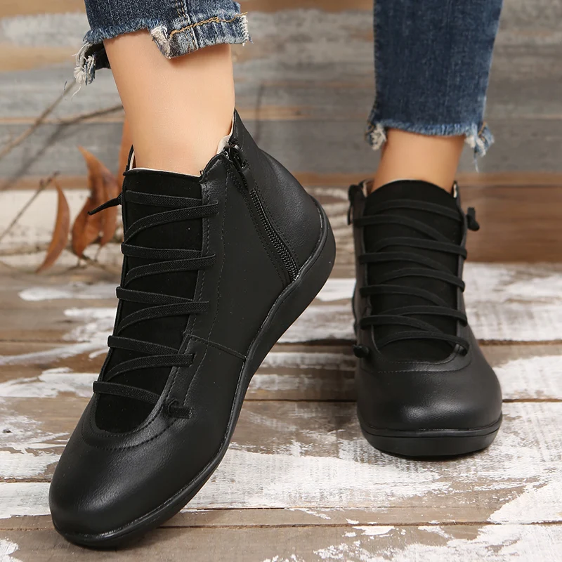 Women Boots Spring Autumn Retro Short Booties Ladies Soft Pu Leather Ankle Bootins Elastic Lace Up Casual Flat Shoes