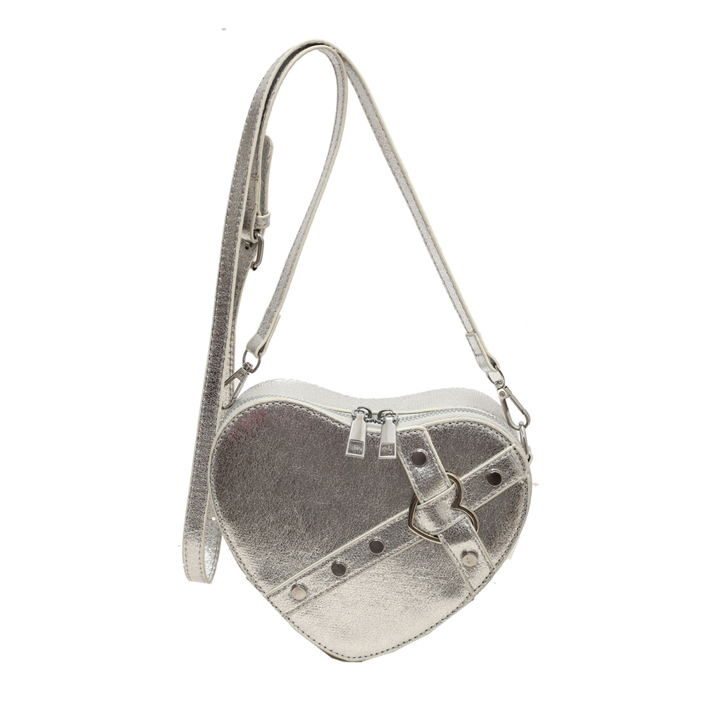 Women Heart Crossbody Bags PU Leather Small Heart Rivet Bag Solid Color Adjustable Strap Female Outdoor Bag