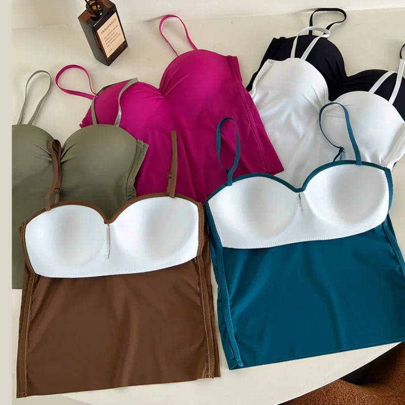 Summer Spaghetti Strap Ice Silk Camisole For Women Solid 2025 Push Up Crop Tops With Chest Pad Casual Soft new Tank Tops Built In Bra