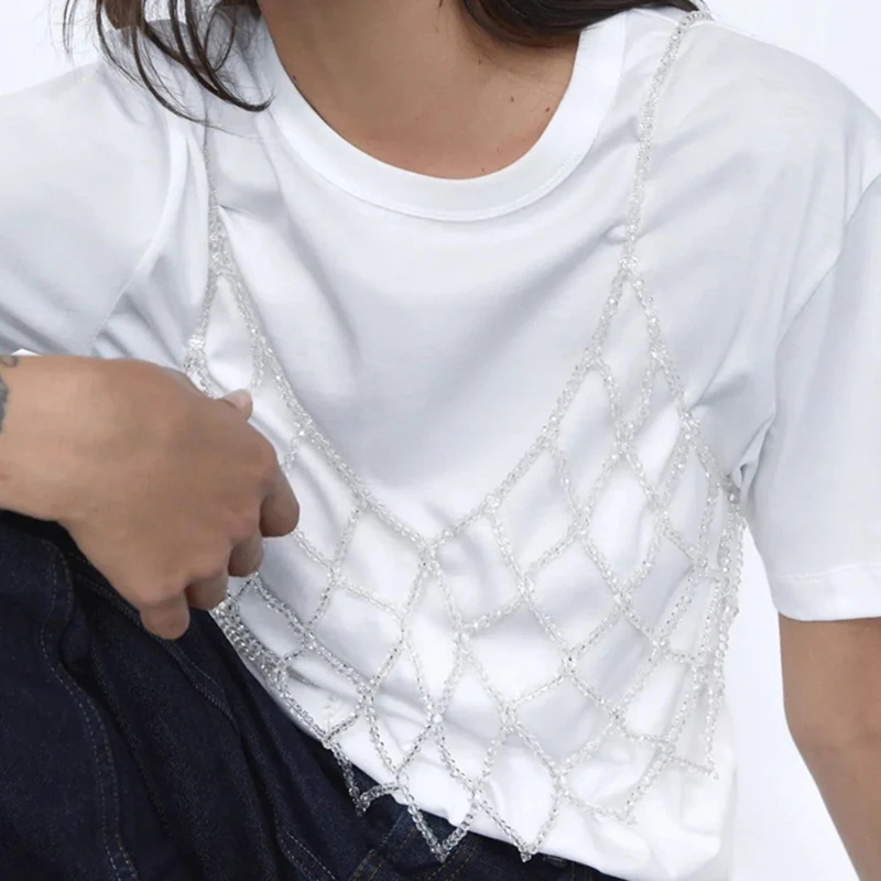 Delicate Beaded Crop Top for Woman Rhinestone/ Pearl Beaded Camisole Vest Sexy Body Chain Woman Seaside Party Decors