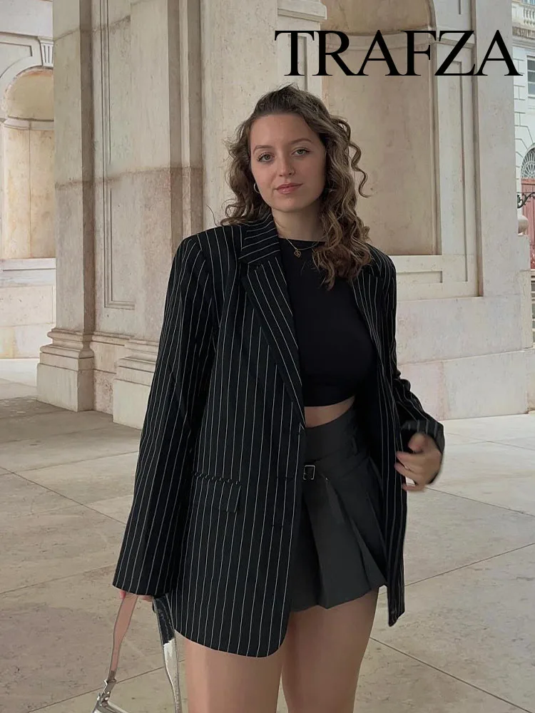 TRAFZA 2024 Woman Autumn Oversize Jackets Coat Suit Office Women Blazer Elegant Outerwear Women Striped Blazer Outfits Jacket