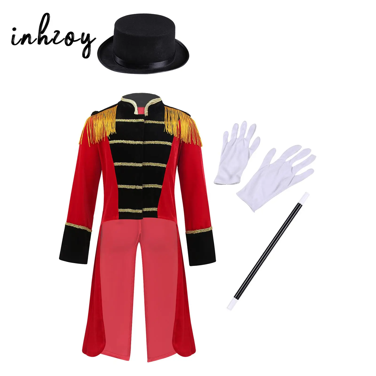 Kids new Boys Circus Ringmaster Costume Long Sleeve Tassels Tailcoat Jacket with Hat Magic Wand 2025 Gloves Halloween Cosplay Outfits