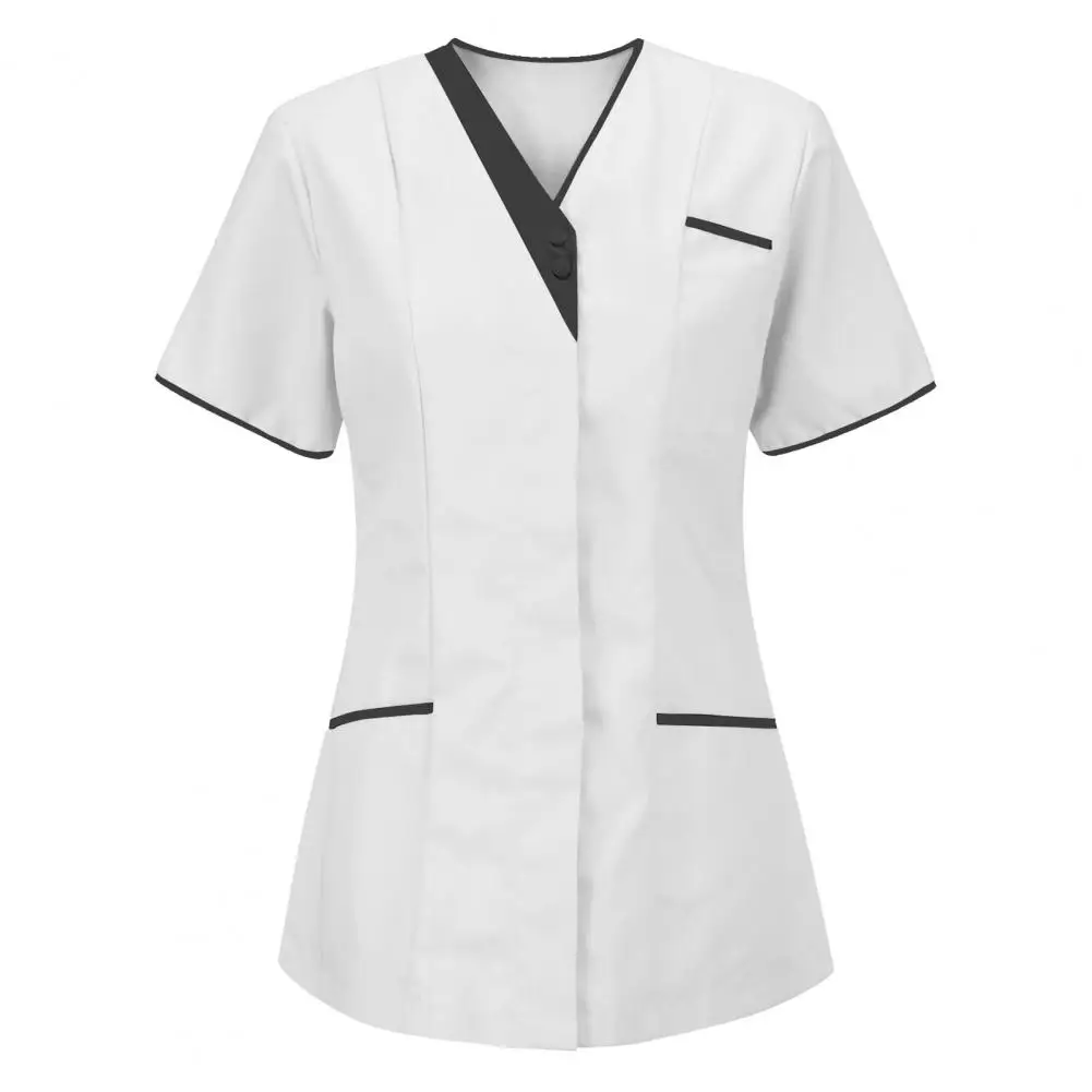 Blouse Casual new 2025 V Neck Buttons Working Uniform T-shirt Clothes T-shirt Short Sleeve Pockets Working Uniform for Worker