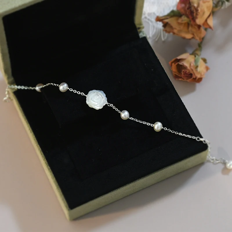 ASHIQI Natural Freshwater Pearl Shell Flower Bracelet 925 Sterling Silver Jewelry for Women New Trend
