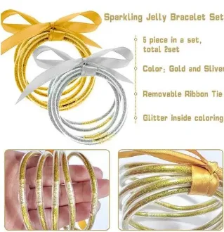 Golden Glitter Filled Jelly Bangles Bracelet- Soft Silicone Bracelet Sparkling Buddha Girl Bracelets Bangle For Women 5pcs/set
