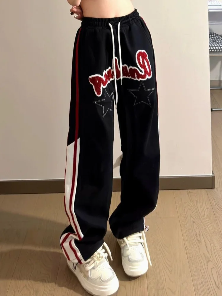 HOUZHOU Hippie Vintage Star 2025 new Baggy Pants Women Y2K Retro Streetwear Letter Embroidery Striped Sweatpants Haruku Oversize Jogger