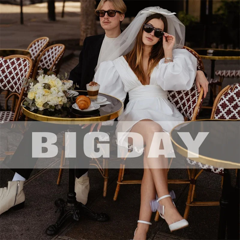 Elegant Short Wedding Dresses Women 2024 A-Line V-Neck Long Puff Sleeve Pleat Open Back Bridal Gown Above Knee Vestido De Noiva