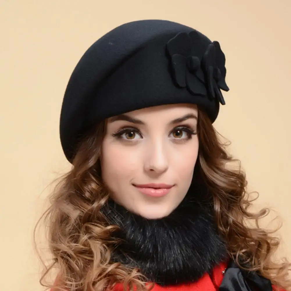 Good-looking Women Hat Felt Beret Hat Dual Flowers Decor Cold Resistant Windproof Winter Female French Beanie Cap