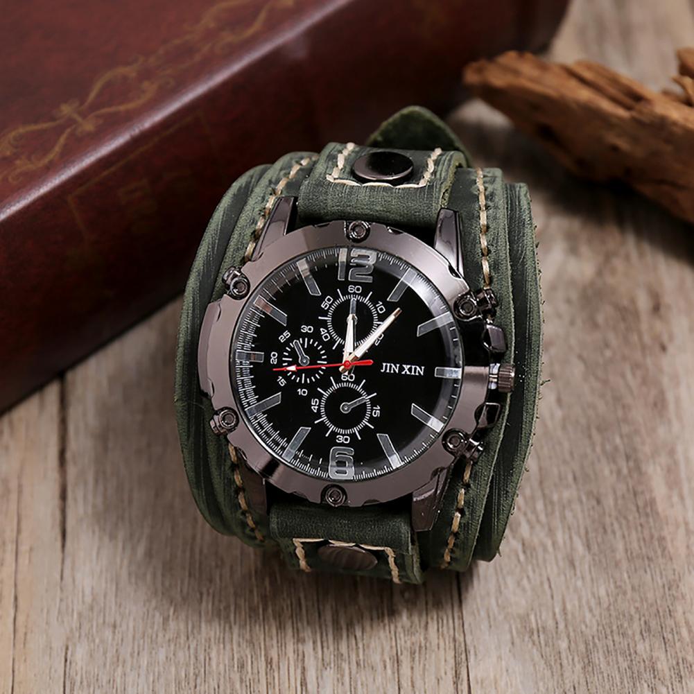 Retro Mens Quartz Watch Round Dial Precise Adjustable Cool Birthday Gift Universal Handmade Sewing Faux Leather Strap Watch