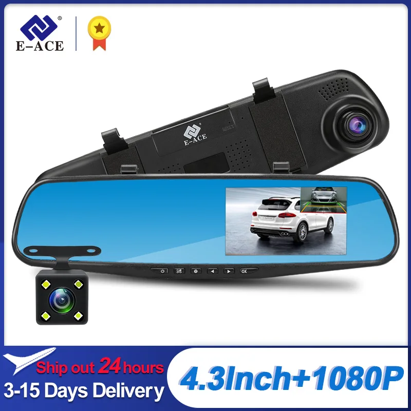 2025 new E-ACE Full HD 1080P Car Dvr Camera Auto 4.3 Inch Rearview Mirror Digital Video Recorder Dual Lens Registratory Camcorder