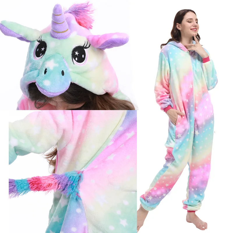 New Anime Kigurumi Unicorn Pajamas Women Animal Onesie Adults Pijama Unicornio Hooded Sleepwear Winter Flannel Jumpsuit Sleepers