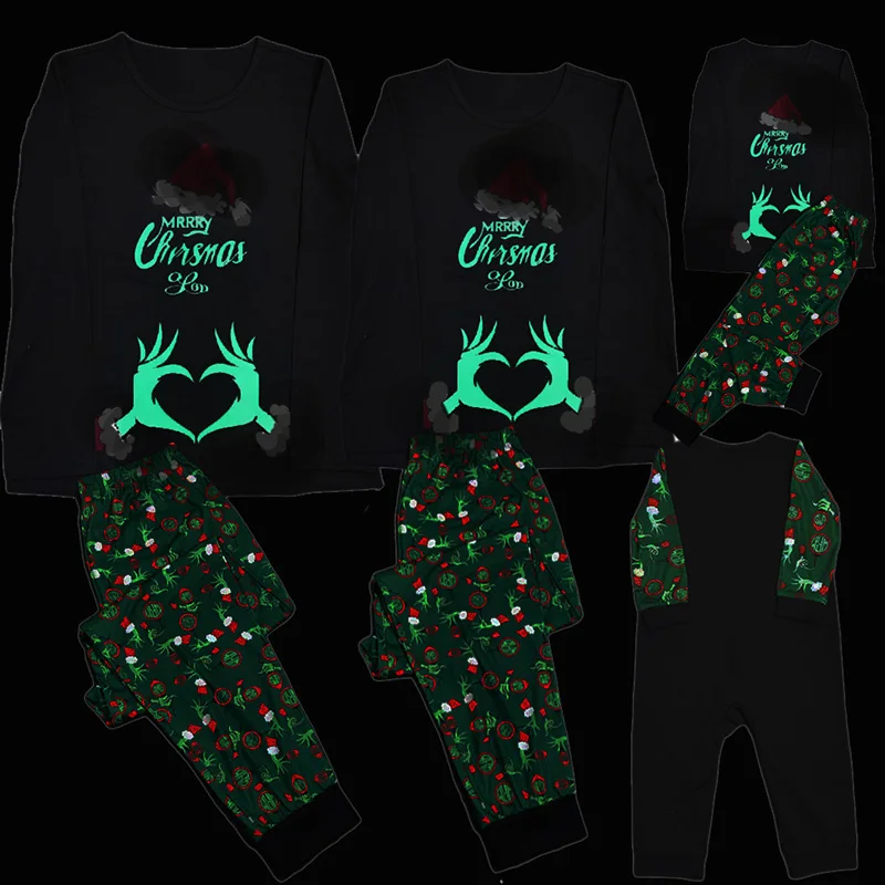 Funny Christmas Family Matching Pamas Set Fluorescence Print Mother Father Kids Clothes Baby Romper Mom and Me Clothing