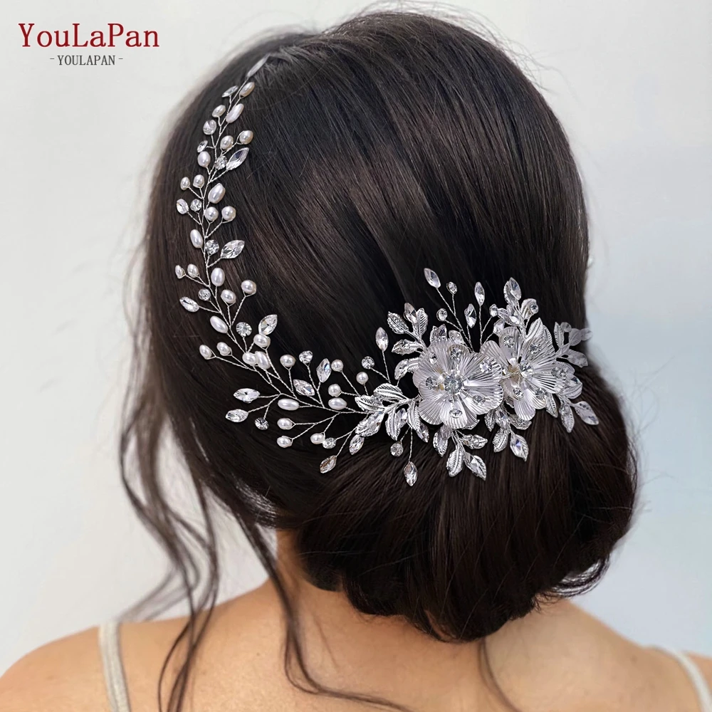 YouLaPan Alloy Flower Wedding Headband with Comb Elegant Pearls Bride Headpiece Girls Woman Headwear Bridal Hair Jewelry HP511