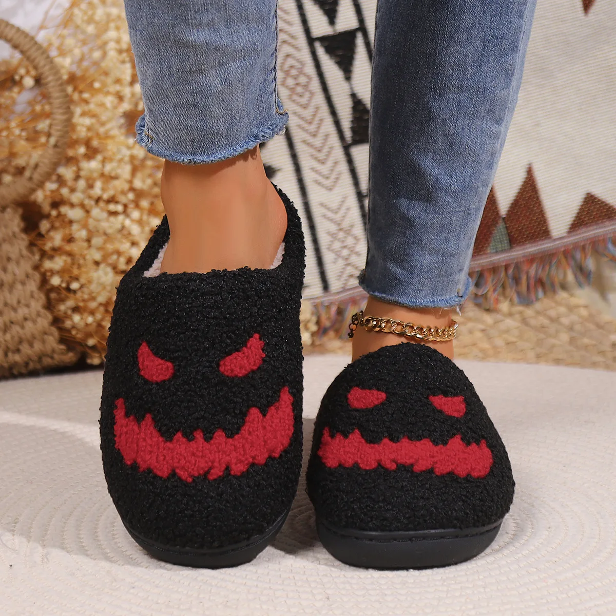 Halloween SpiderWeb Plush Slippers Black Pumpkin Winter Home Shoes Indoor House Flats Warm Fluffy Slippers Women Men Soft Slides