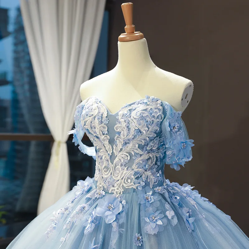 Light Blue Modest Quinceanera Dresses Ball Gown Sweetheart Off The Shoulder Lace Appliqued 3D Flowers Sweet 16 Dresses Prom Gown