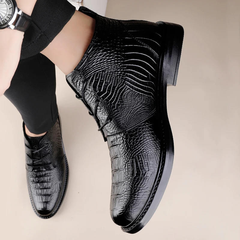 Men's Shoes Genuine Leather Ankle Boots Men Stylish Men Winter Plush Snow Boots Lace-Up Crocodile Pattern Men Motorcycle Boots