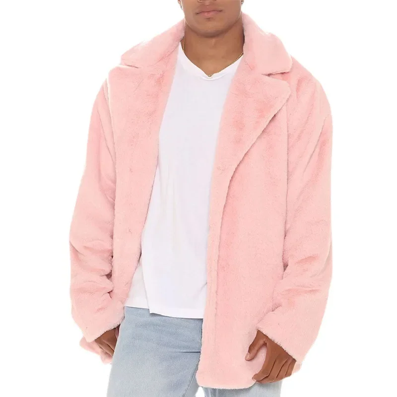 Fall Winter Men's Pink Black Coat Turn Down Collar Loose Plush Warm Men's Coat Jacket