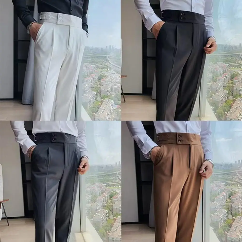 Straight-leg Trousers Men Suit Trousers Classic Men's Office Trousers Slim Fit High Waist Vintage Pockets for Formal Business