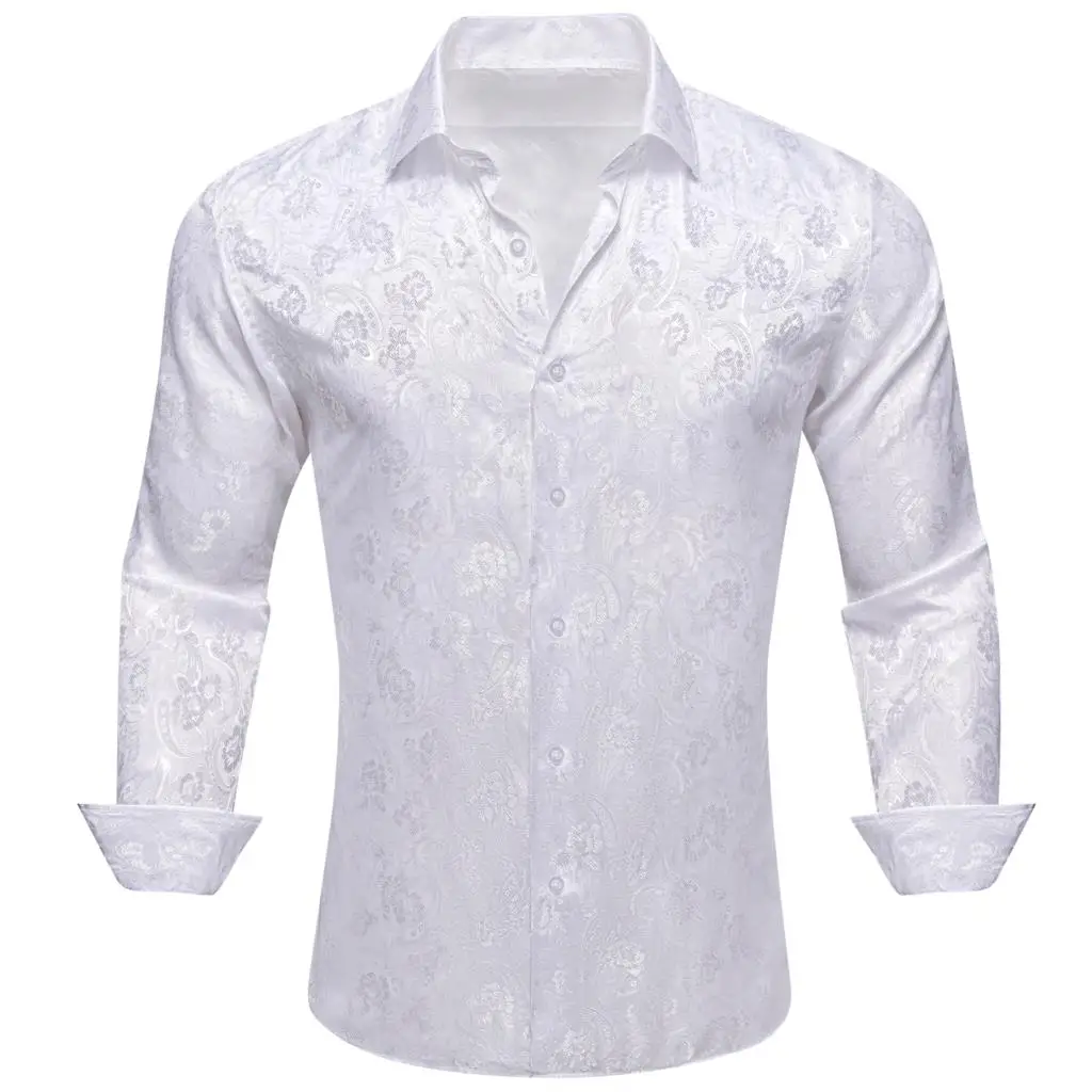 Luxury Silk Shirts for Men White Floral Long Sleeve Slim Fit Male Blouese Casual Tops Formal Streetwear Breathable Barry Wang