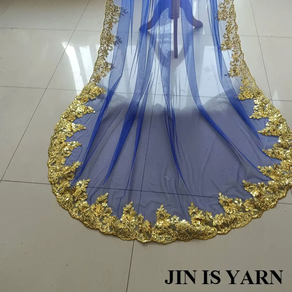 New Royal Blue Red 3 Meters 3.5M new 4M 5M Bling Sequins Gold Lace Long Cathedral 2025 Wedding Veil Colorful Bridal Veil with Comb