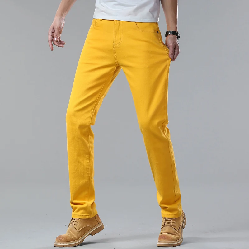 Trendy Men Handsome Denim Jeans Straight Slim Casual Pants Red Yellow Pink Solid Color Party Hip Hop Brand Dropship