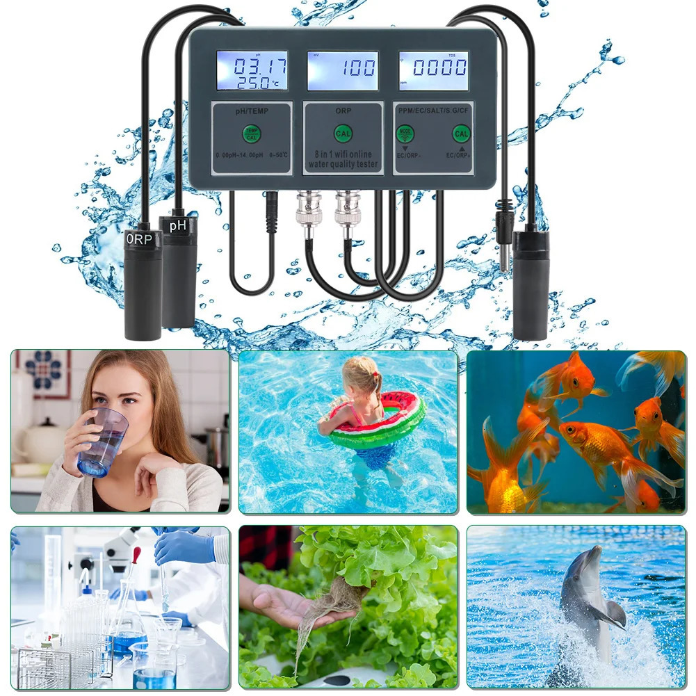Yieryi WiFi Tuya Smart PH ORP TDS EC SALT S. G TEMP CF Monitor Meter Online Aquarium Water Quality Tester Data Logger Controller 240320