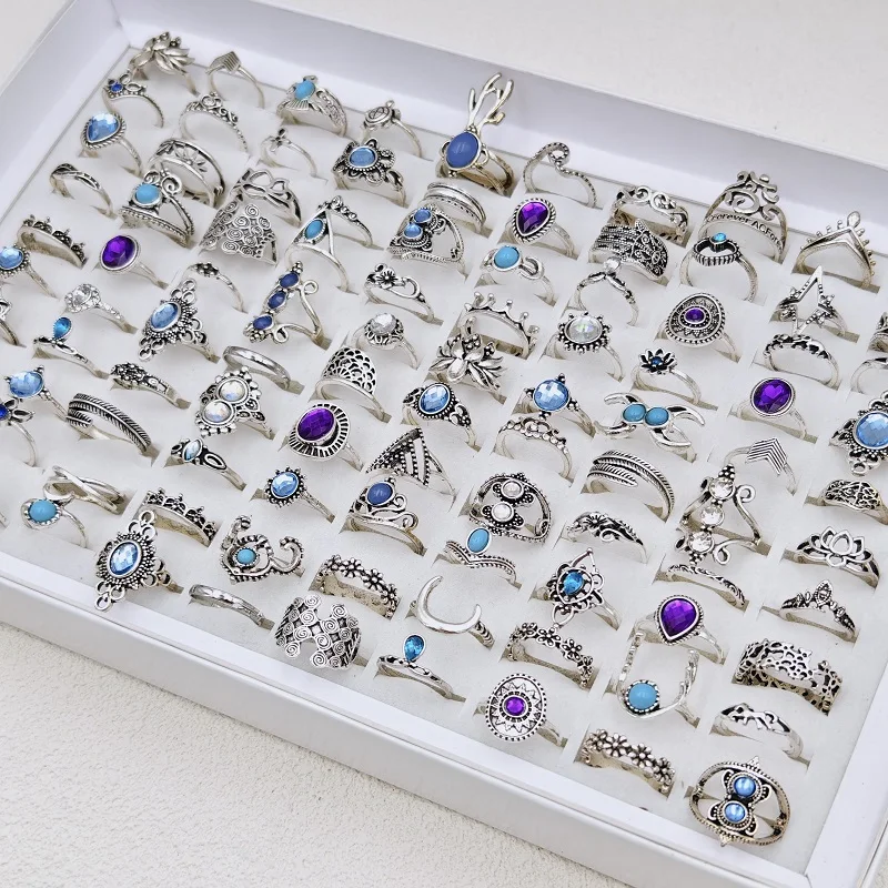 36Pcs/Lot Bohemia Vintage Silvery Rings for Women and Girl Mixed Alloy Crown Flower Finger Ring Charm Jewelry Gift Wholesale