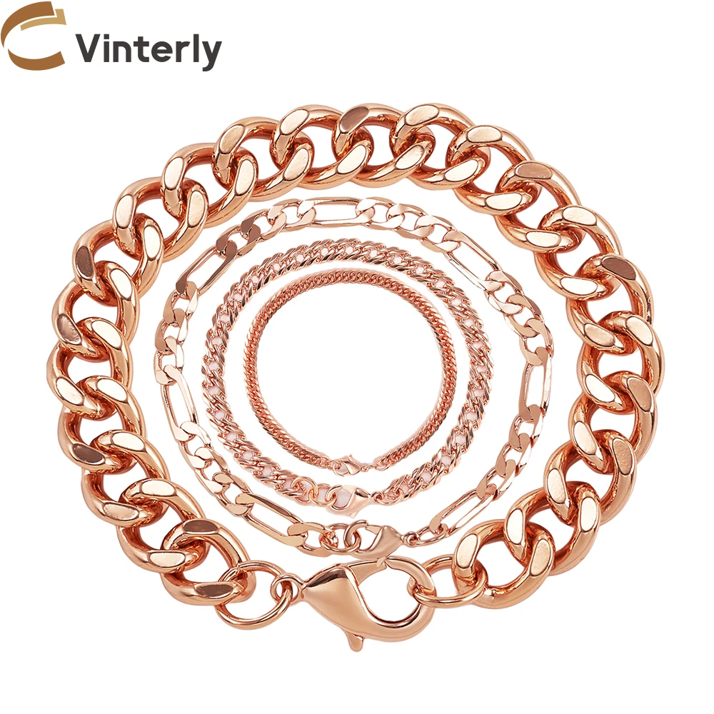 Vinterly Cuban Chain Pure Copper Bracelets for Men Women Adjustable Lobster Clasp Punk Anti-scratch 7-10.5 Inch Jewelry Charm