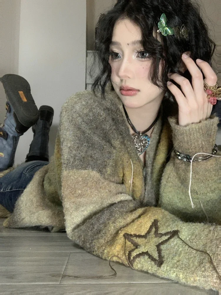 Deeptown Vintage Star Knitted Cardigan Women Harajuku Autumn Winter Oversized Sweater Retro Embroidery Tops Fairycore Aesthetic