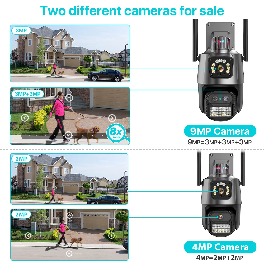 Outdoor PTZ Camera 9MP 4K HD 8X Hybrid Zoom Three Lens Dual Screen Wifi IP Camera 4MP Police Light Alarm CCTV Surveillance iCSee