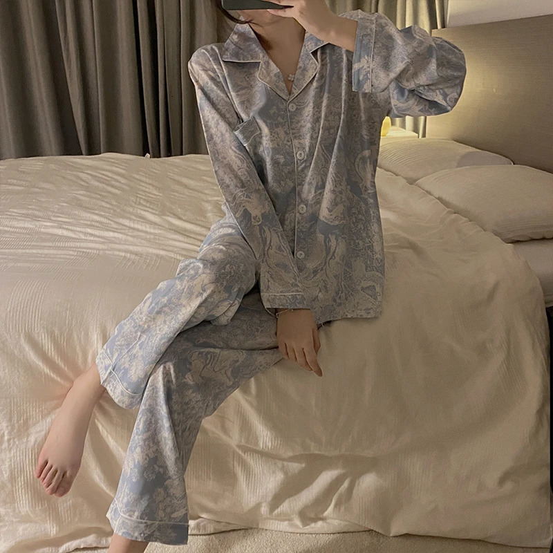 Autumn Spring Ice Silk Pajamas Women Sleepwear Long Sleeve Casual Nightwear Pyjamas Suit Home Clothes Floral Printed Sleep Set 240321