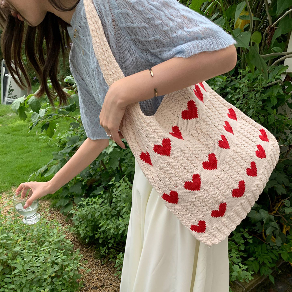 Women's Aesthetics Shoulder Bag Bow Pattern Crochet Underarm Bag Large Capacity Knitted Handbags Bag Casual Summer Beach Bag