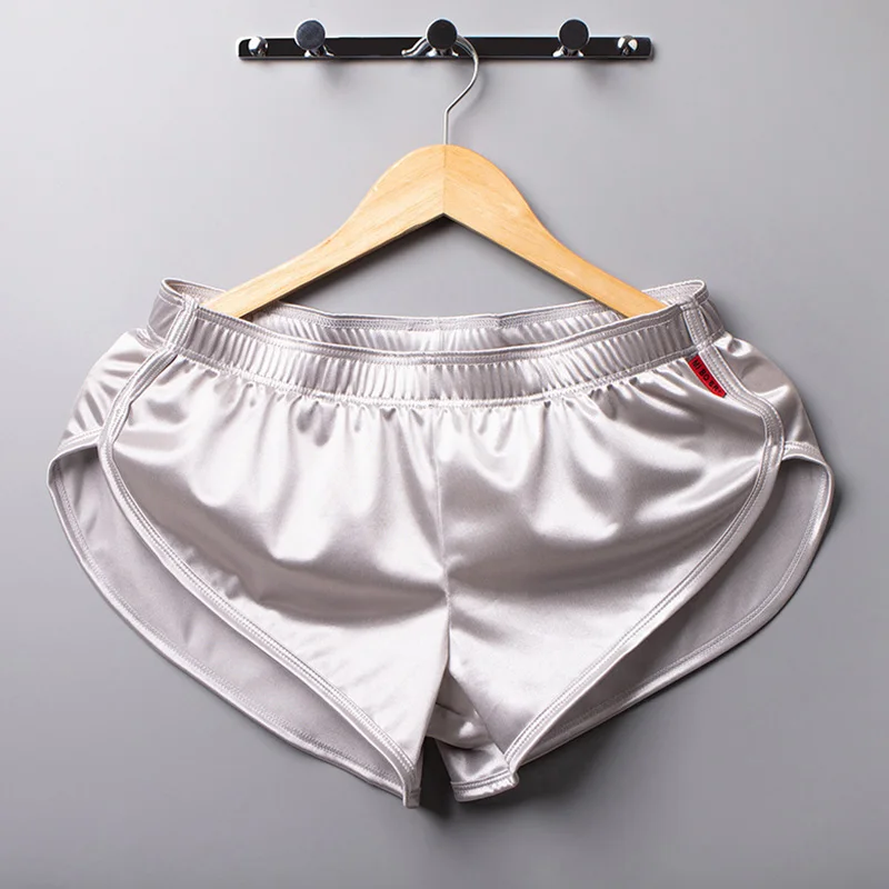 Men Solid Color Boxer Trunks Silk Sleepwear Sleep Bottoms Briefs Satin Pajamas Male Shorts Smooth Homewear Panties
