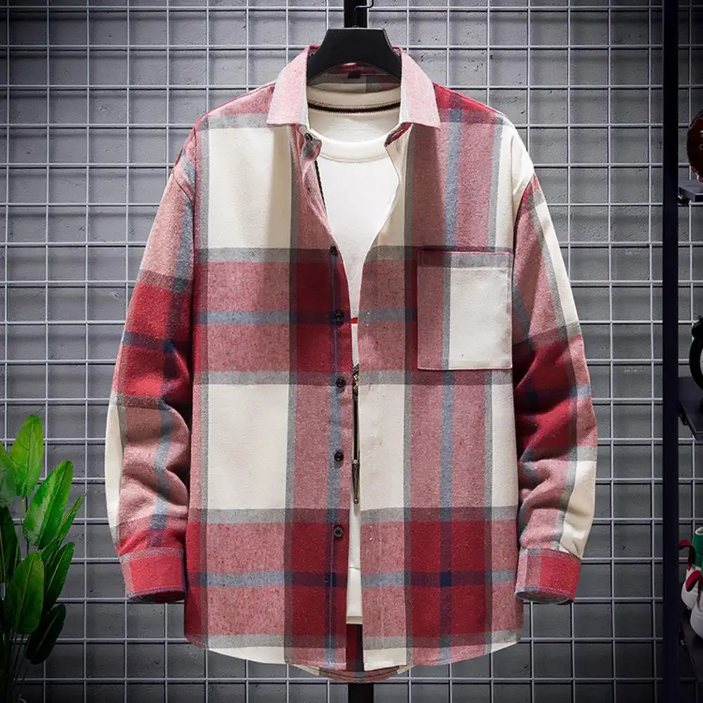 Men Shirt Jacket Autumn Winter Plaid Shirt Coat Turndown Collar Long Sleeve Loose Fit Cozy Fashionable Shirt Streetwear