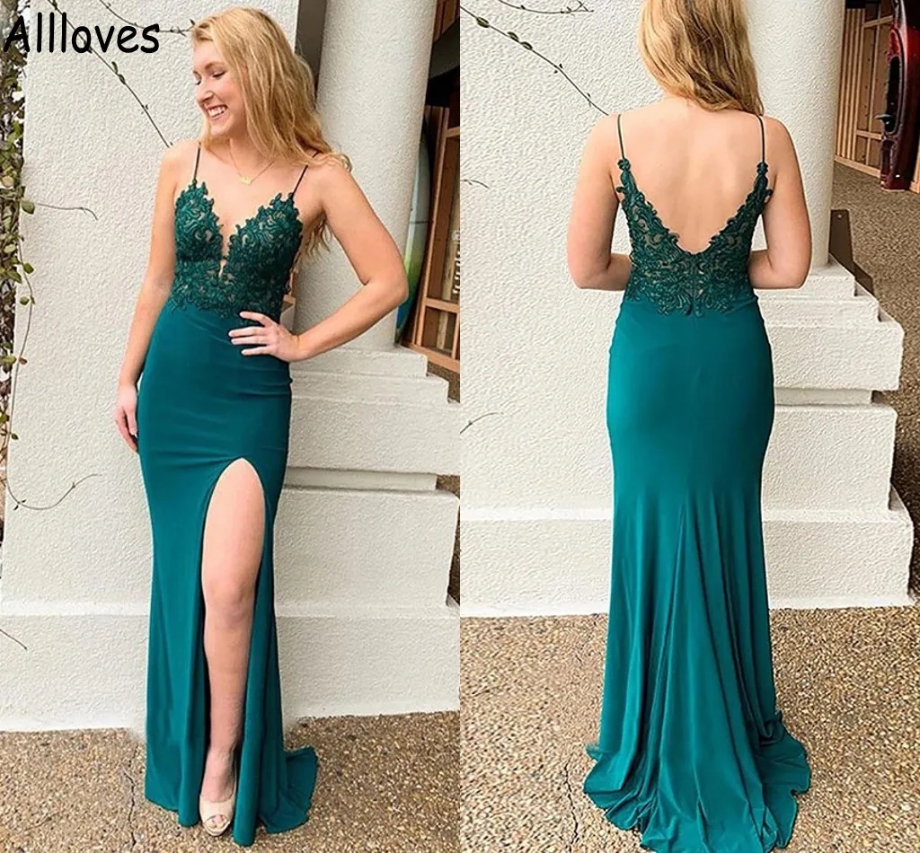 Pea Green Prom Dresses Sexy Spaghetti Straps Lace Appliqued Side Split Mermaid Evening Gowns Sweep Train Backless Arabic Aso Ebi Formal Ocn Wear