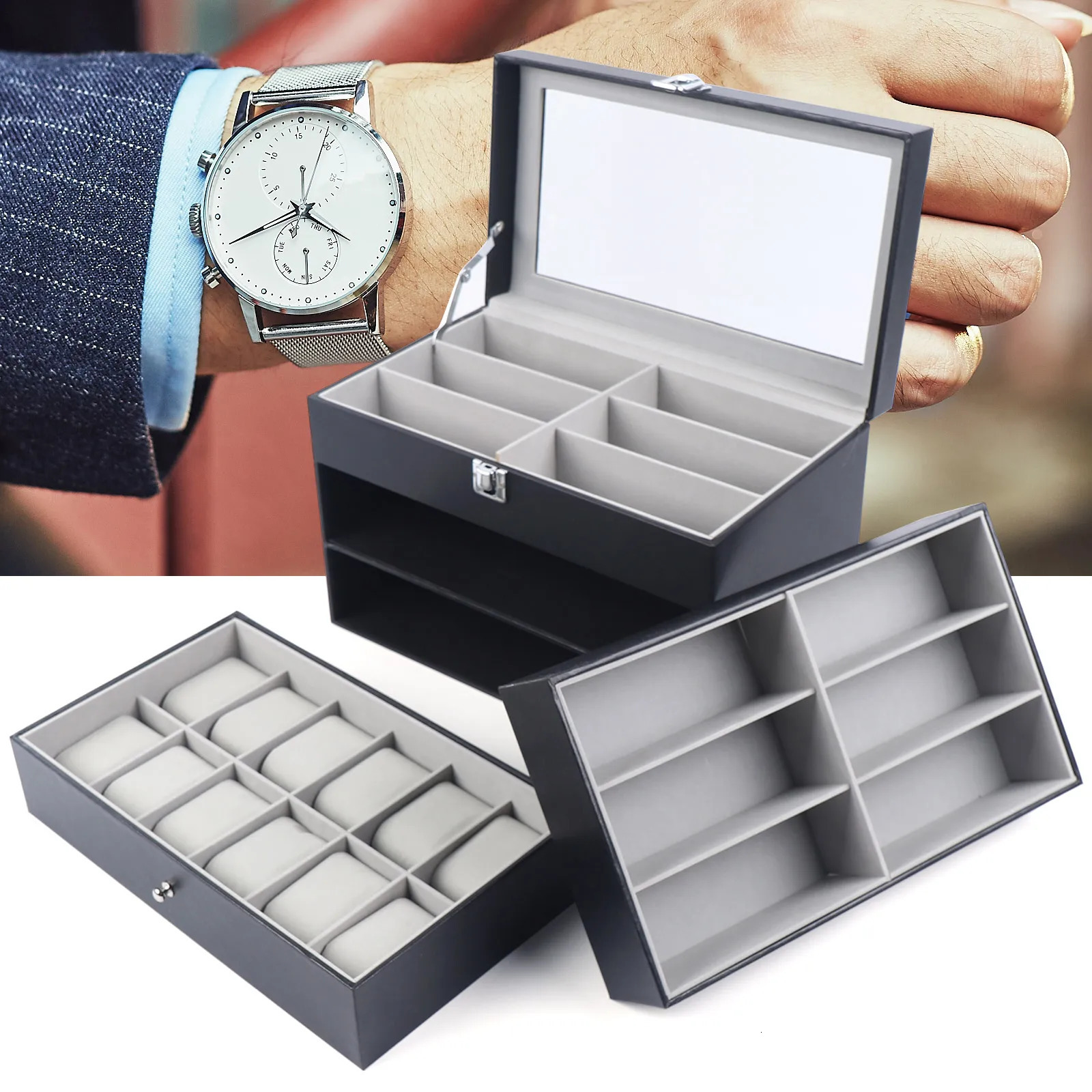 91524 Grid Jewelry Collection Storage Holder Box Leather Watch Glasses Display Case Sunglasses 240327