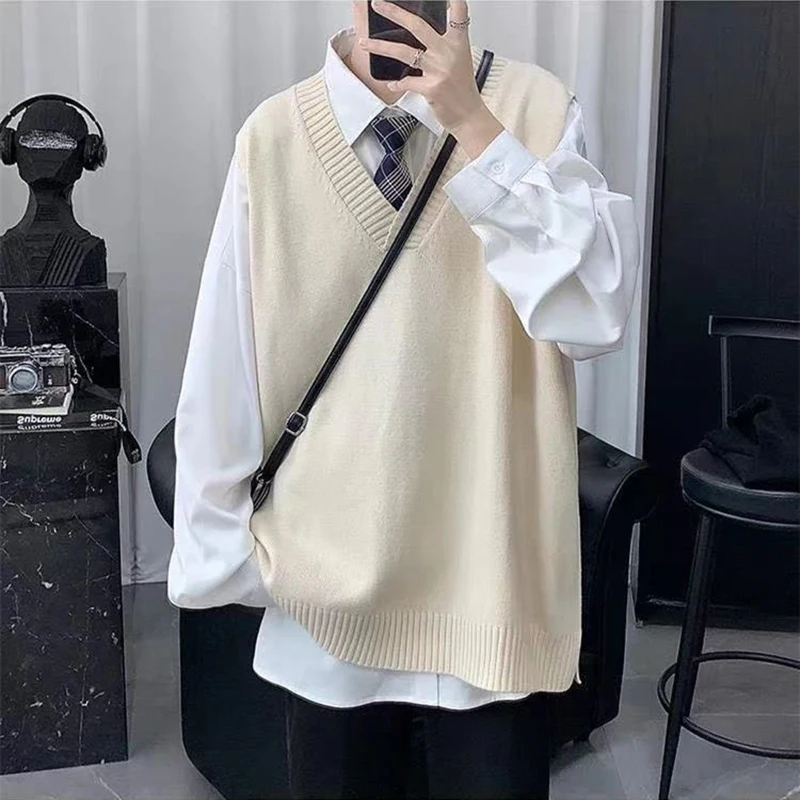 Vintage Autumn Winter Men V Neck Sweater new 2025 Vest Knitted Haruku Casual Oversized High Quality Matching Pullover Solid School Top