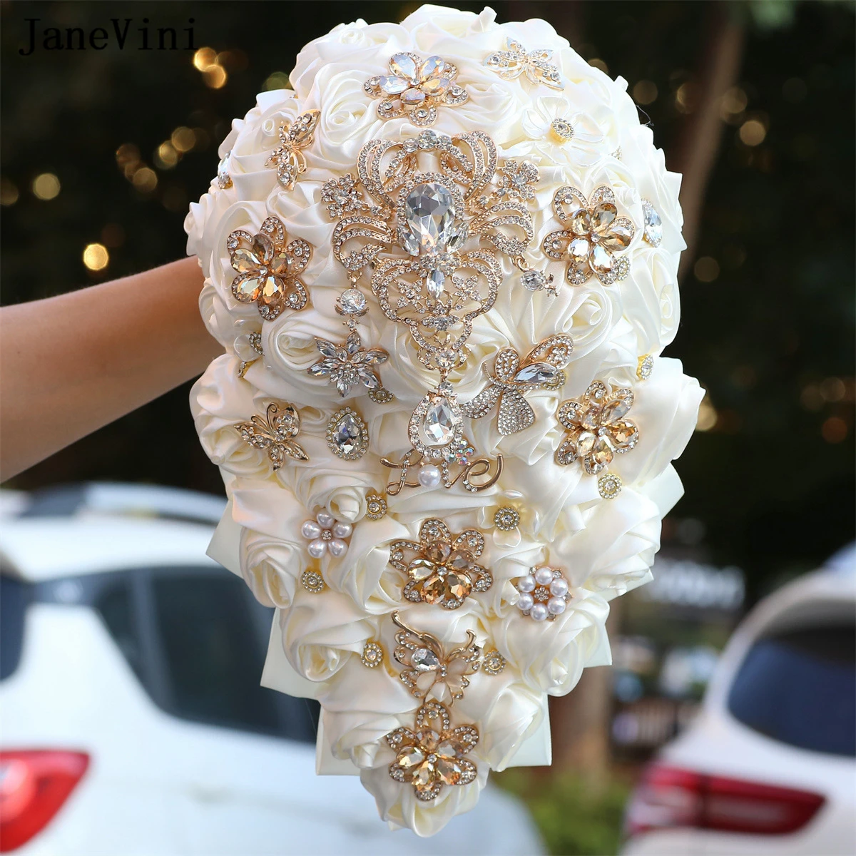 JaneVini new Rhinestones Waterfall Bridal Bouquets Artificial Ivory Satin Roses Flowers Cascading Wedding 2025 Bouquet Accessories