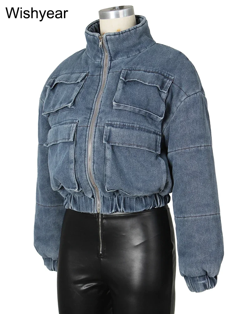 Autumn Winter Stand Collae Long Sleeve Streetwear Jean Coat Club Outfits for Women Vintage Birthday Pockets Denim Parkas Jackets
