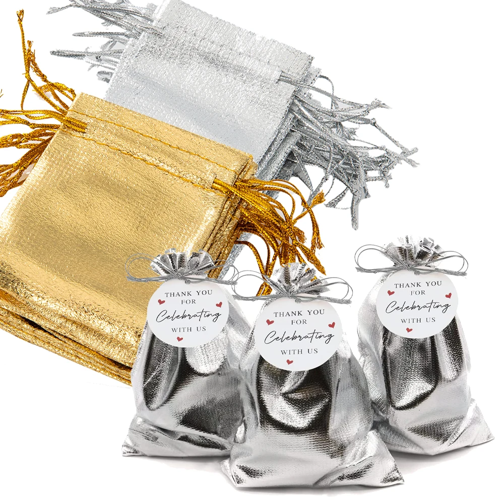 50Pcs Gold Silver Drawstring Organza Jewelry Pouches Bags Packaging Supplies For Wedding Christmas Birthday Gift Small Business
