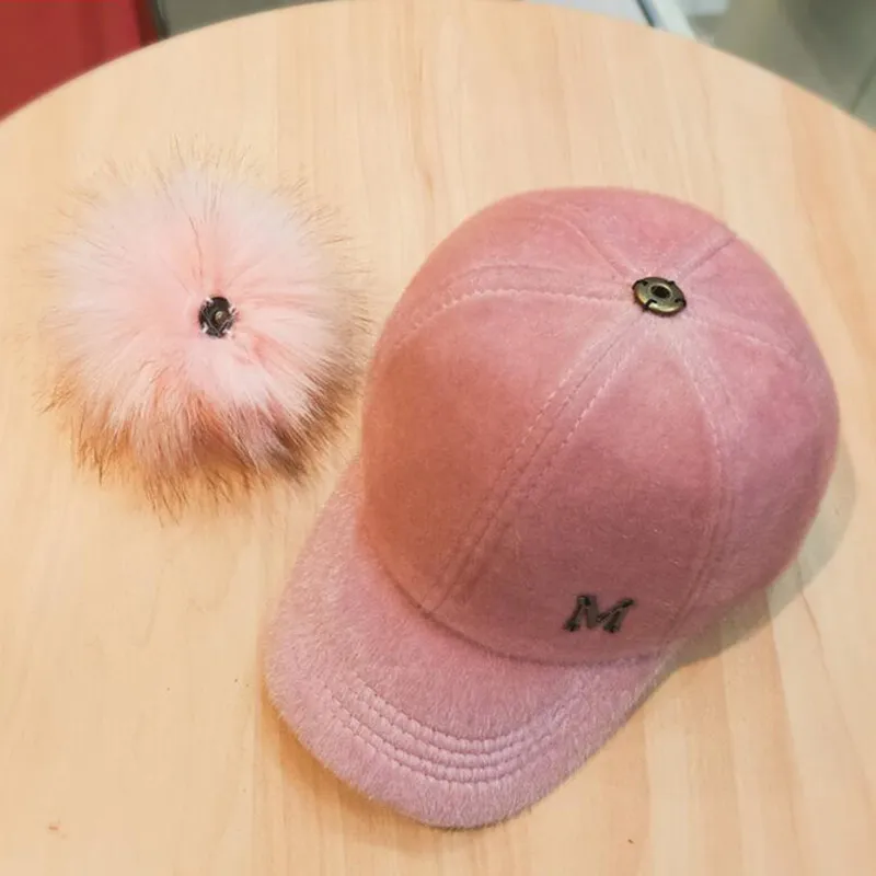 Winter thickened ladies fur ball hat letter M Baseball Cap retrro caps women bone gorras curved fitted washed vintage dad hats