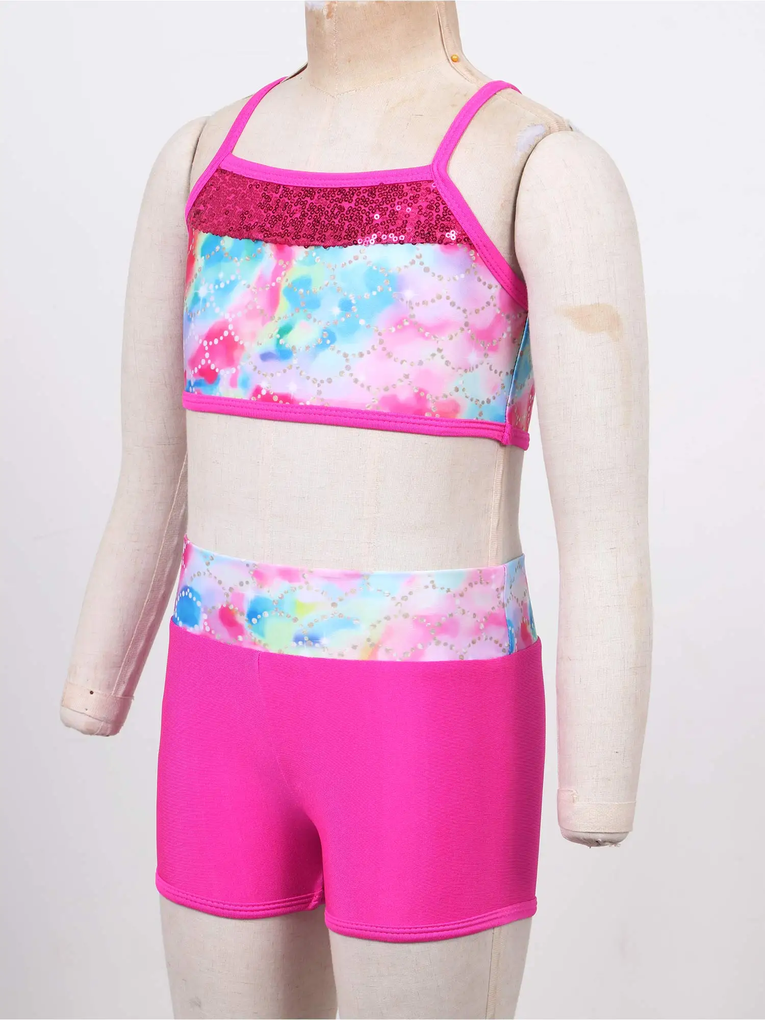 Kid Girls Two Pieces Swimwear Swimsuit Ballet Gymnastic Leotard Sequins Mermaid Printed Crop Tops with Short Sports Dance Outfit