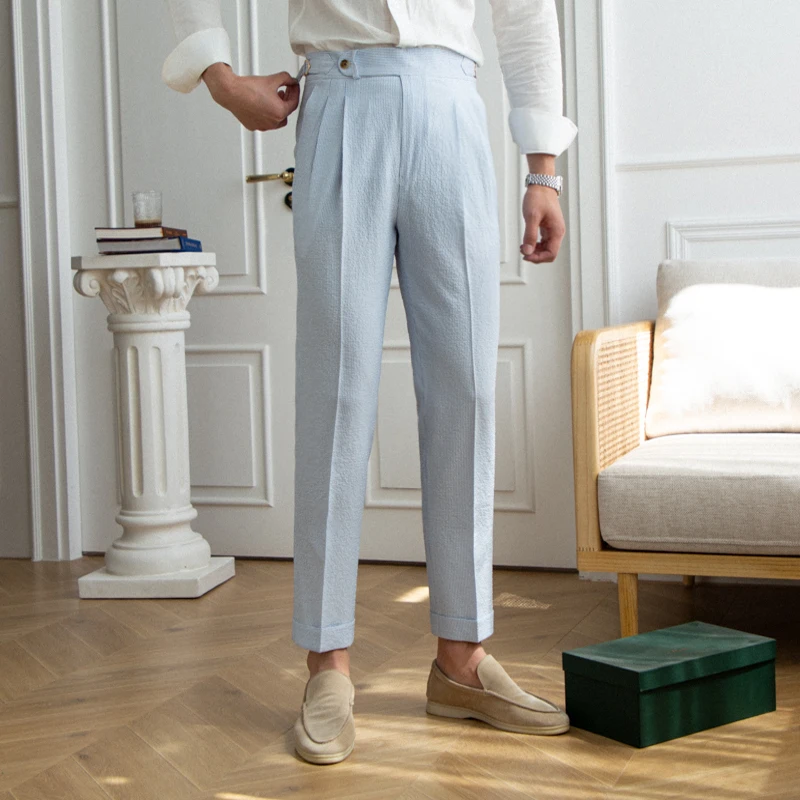 2023 Spring Seersucker High Waist Straight Pants British Petty Bourgeoisie Blue Stripe Italian Casual Trousers Men