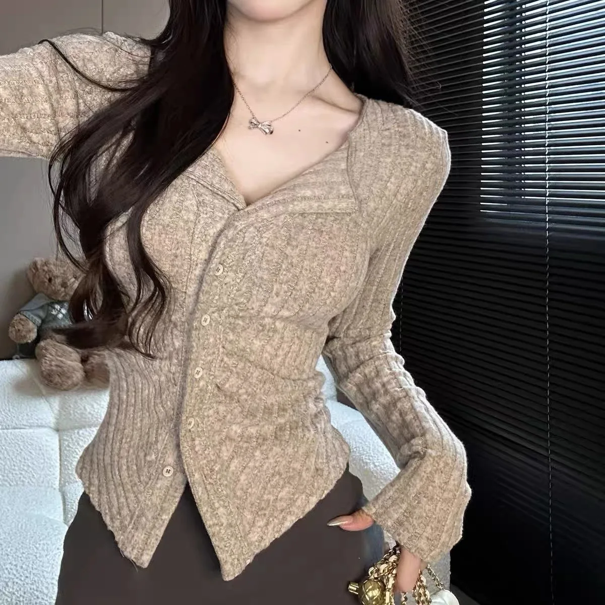 Sexy Knit Cardigan Women Long Sleeve Collar Sweater Autumn Korean Soft Slim Fit V Neck Knitwears Y2k Jumper Cropped Tops