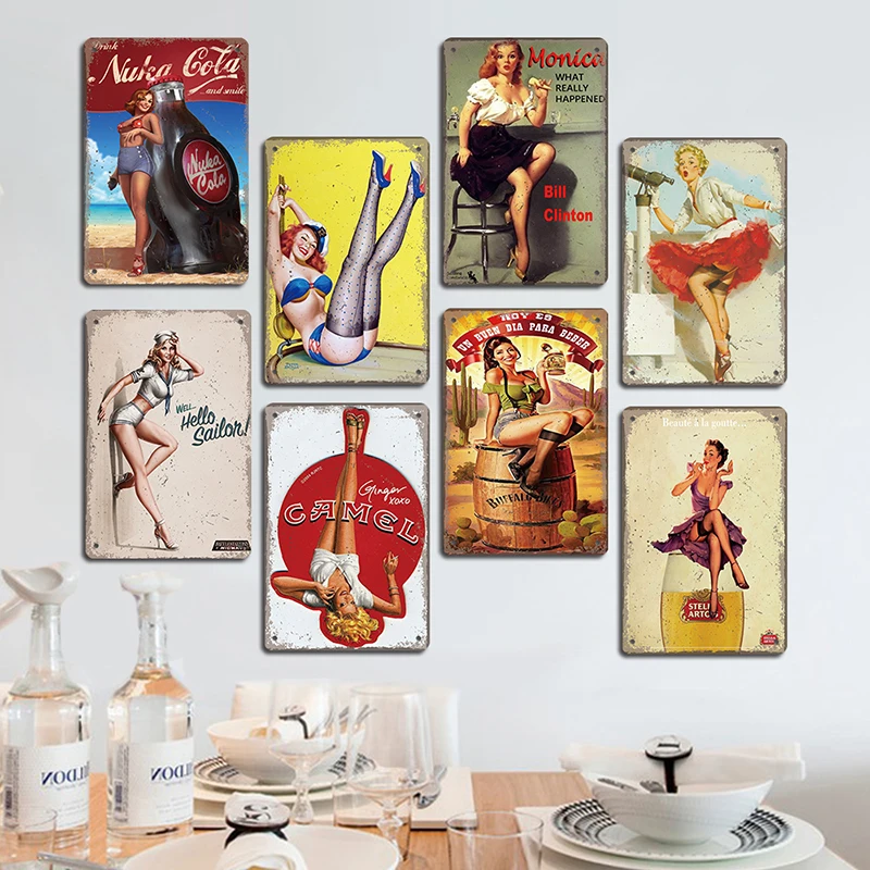 Pin Up Girls Plaque Vintage Metal Tin Signs Sexy Girl Cola Beer Airplane Metal Poster Retro Wall Art Decor for Bar Pub Club Home